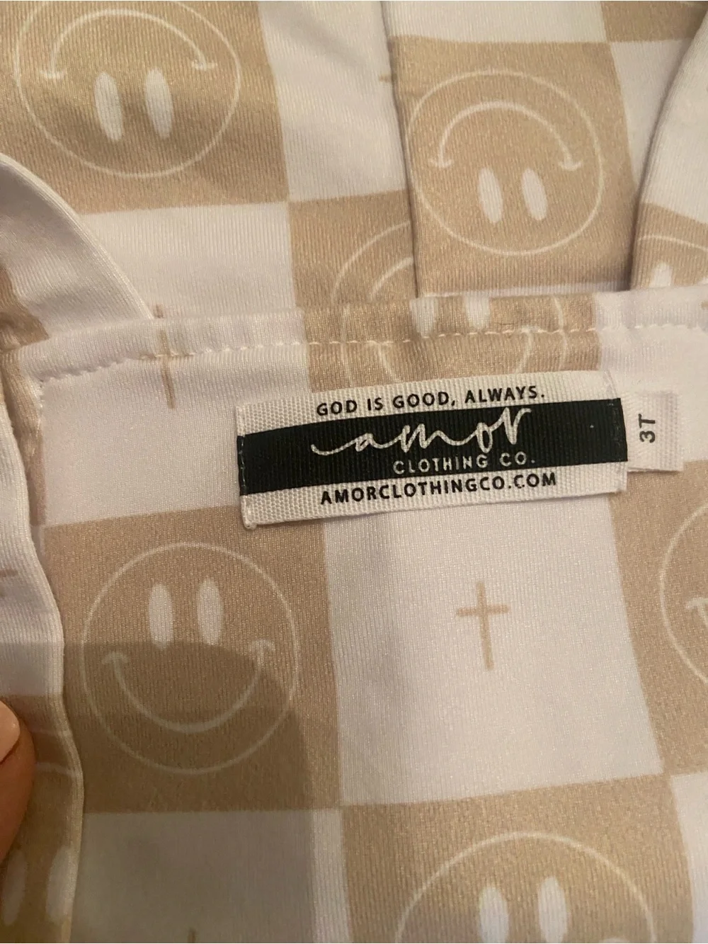 Amor Clothing Co Tan Checker Smiley Cross Jumper Romper 3T EUC ✝️😊